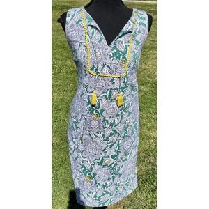 Boden Dress Womens 4 Green‎ Floral Sleeveless V Neck Tassel Boho Summer Shift